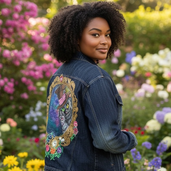 Indigo Red Jackets & Blazers - Hand Painted Alice in Wonderland | Cheshire Cat | Denim Jacket | Oversized | XXL